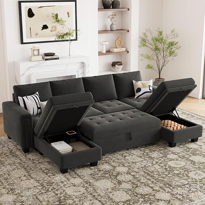 Belffin Modular Sectional Sleeper Sofa with Pull Out Bed Velvet Convertible U Shaped Sectional Sofa Couch with Storage Chaises for Living Room Grey