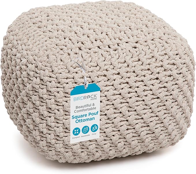 BIRDROCK HOME Square Pouf Ottoman | Cotton Braided Foot Stool with Bean Bag Filling | Boho Foot Rest for Living Room, Bedroom | Compact & Comfortable Seating, Lightweight & Sturdy | Natural