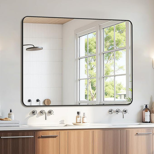 Bathroom Mirror 48" x 36", Large Rectangle Wall Mirror, Black Metal Frame Wall Mounted Mirrors for Bathroom, Vanity, Bedroom, Entryway Decor(Horizontal/Vertical)