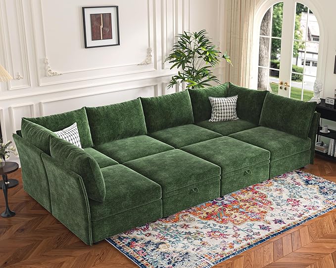 136.4" Oversized Modular Sectional Sleeper Sofa Bed, U Shaped Convertible Couch with Movable Ottoman, Large 8 Seat Corner Couches for Living Room Deep Seat Green Chenille