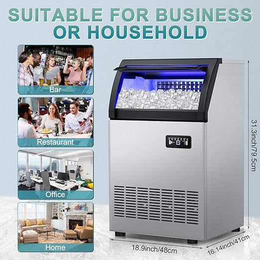 Commercial Ice Maker 260Lbs/24H, Ice Machine 72pcs Ice Cubes, Freestanding Ice Maker Machine with Water Line and Filter, 55Lbs Storage Ice Bin, Stainless Steel Undercounter Ice Maker for Home,Shop,Bar