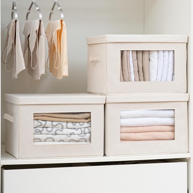 Citylife 3 Pack Storage Bins with Lids, Fabric Foldable Storage Bins with Soft Cord Handles, Canvas Storage Bin with Lid for Organizing Clothes, Blankets and Books, Beige