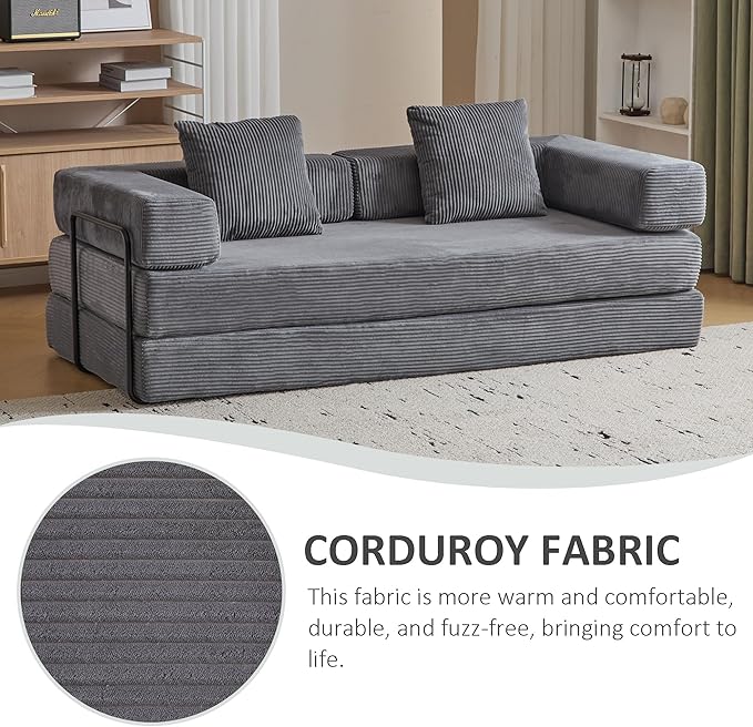 Convertible Sleeper Sofa Bed, Compression Folding Sofa with Pillow, No Assembly Required, Shape Frame, Floor Sofas Lounge Couch for Living Room, Bedroom, Small Spaces(Corduroy, 77''W, Dark Grey)