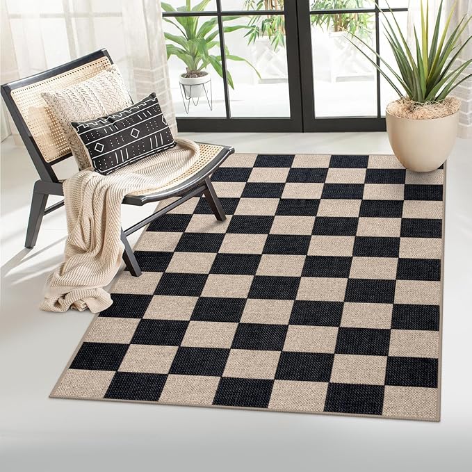 Lahome Checkered Easy Jute Carpet, 3x5 Outdoor Patio Rug Washable Rugs for Entryway Checkerboard Indoor Outdoor Living Room Classroom Carpet, Farmhouse Neutral Non Slip Black Door Mat for Bedroom
