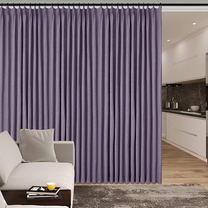 Full Blackout Privacy Curtains, 240 Inch Extra Wide Linen Blend Drapes, Pinch Pleat Window Drapery for Room Divider Storage/Space Room Separation, 1 Panel, W 240" x L 96", Violet