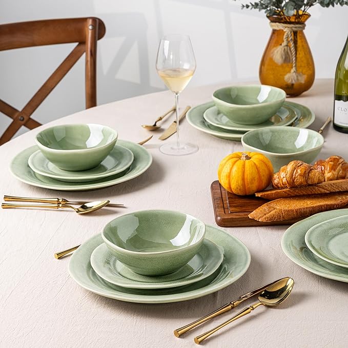 AmorArc Ceramic Dinnerware Sets, Handmade Stoneware Reactive Glaze Plates and Bowls Set, Scratch Resistant | Dishwasher & Microwave Safe Dishes Set, Service for 4 (12pc)