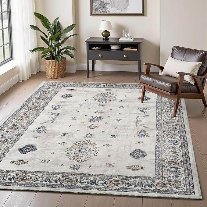 AMOAMI-Vintage Area Rug 3x5 Grey Rugs for Living Room-Soft Washable Rug Non Slip Entryway Rug Indoor Vintage Throw Accent for Bedroom Laundry Room Dining Bathroom Bedside