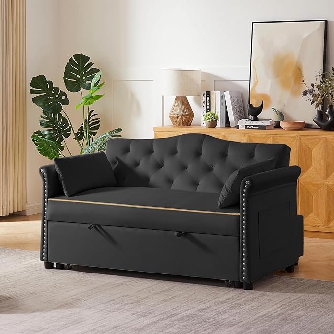 58" Velvet Sofa Bed, 3-in-1 Convertible Pull-Out Sleeper Sofa & Couch with Storage Bag and Adjustable Backrest,Perfect for Small Spaces, Living Room, or Office