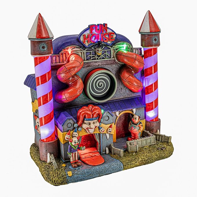 Carnival Funhouse Clown Theme Spooky Halloween Village Multi-Color LED Lights, Motion and Music 9.25" x 5.75" x 9.5"