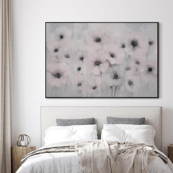 46"x72" Extra Large Framed Wall Art Soft White Poppies Watercolor Floral, Delicate Botanical for Home Living Room Bedroom Decor (Frame Assembly Required)