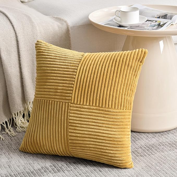 Fancy Homi 2 Packs Mustard Yellow Big Decorative Throw Pillow Covers 24x24 Inch for Living Room Couch Bed, Farmhouse Boho Home Decor, Soft Corss Corduroy Patchwork Accent Square Cushion Case 60x60 cm