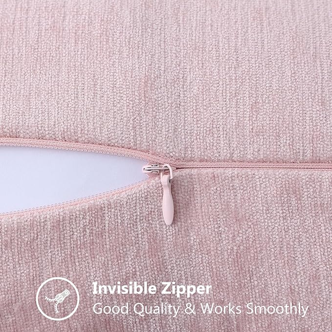 decorUhome Chenille Soft Throw Pillow Covers 18x18 Set of 2, Farmhouse Velvet Neutral Decorative Euro Pillow Covers with Stitched Edge for Couch Sofa Bed Home Decor, Blush Pink