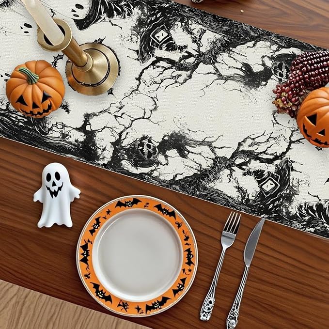 GPGHE Halloween Table Runner Black Ghost Holiday Burlap Table Decoration Indoor Outdoor Home Decor Party Supply 13 x 48 Inch