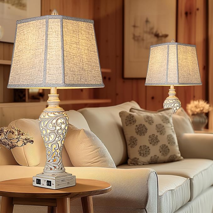 28.5" Table Lamps Set of 2 - Bedside Lamp with Fabric Shades - for Bedroom and Living Room with USB and Nightlight - Perfect for Nightstands and Bedrooms