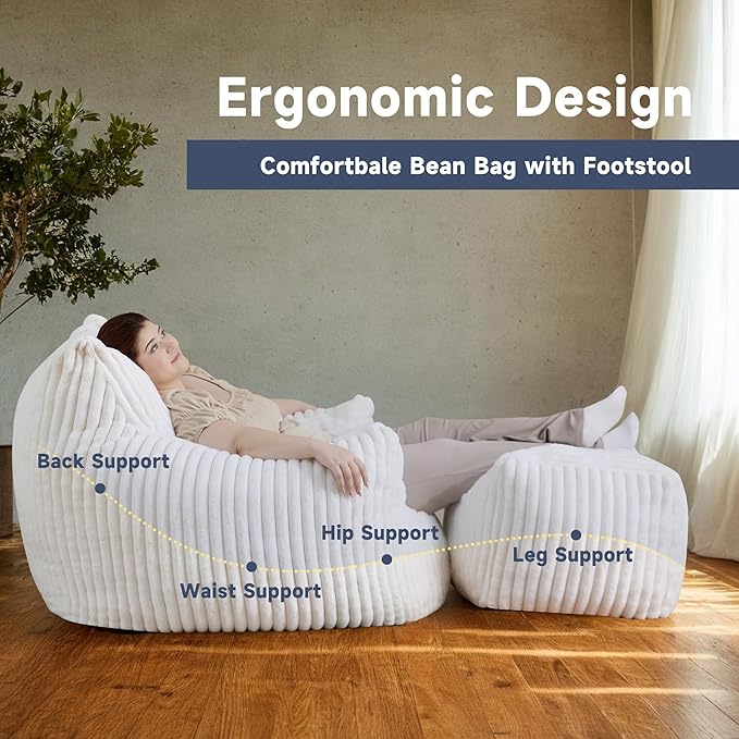 Giant Bean Bag Chairs for Adults, Oversized Chaise Lounge Chair Indoor with Memory Foam - Plush Boneless Lounger & Ottoman for Bedroom, Living Room, Gaming & Reading, Lazy Floor Sofa Chair, Beige
