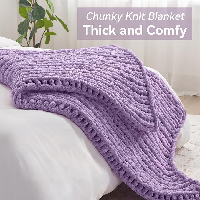 Chunky Knit Throw Blanket, 60''*80'' Knitted Throw Chenille Yarn for Bed Couch, Handmade Light Purple Crochet Big Thick Blanket, Machine Washable Cute Comfy Blanket for Home Decor