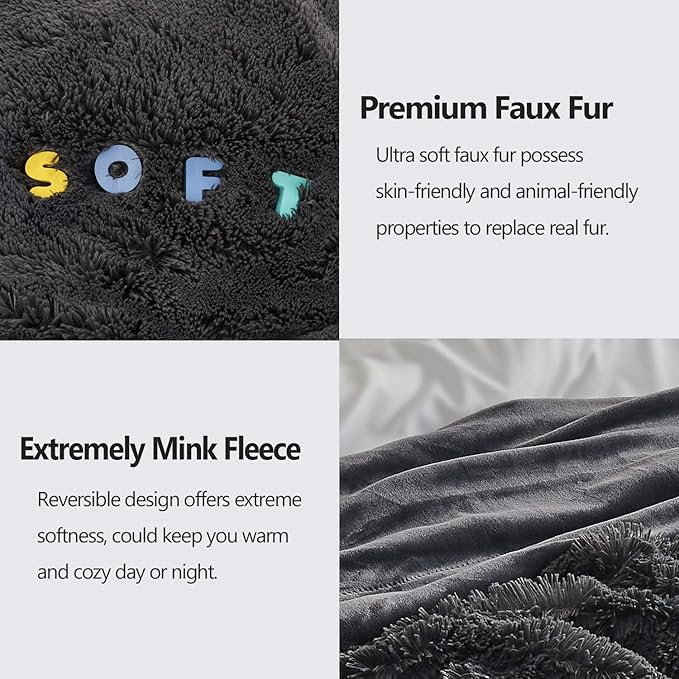 GONAAP Fuzzy Faux Fur Throw Blanket Queen Size Dark Grey Super Soft Cozy Plush Fuzzy Shaggy Blanket for Couch Sofa Bed (Dark Grey, Queen(90"x90"))