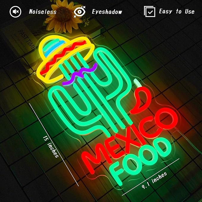 Mexican Food Neon Sign Cactus Neon Lights Dimable Colorful LED Mexican Art Lights Wall Decor for Mexican Restaurants Bars Food Trucks Unique Gift for Taco Enthusiasts Fiesta Parties (15×9.1inch)