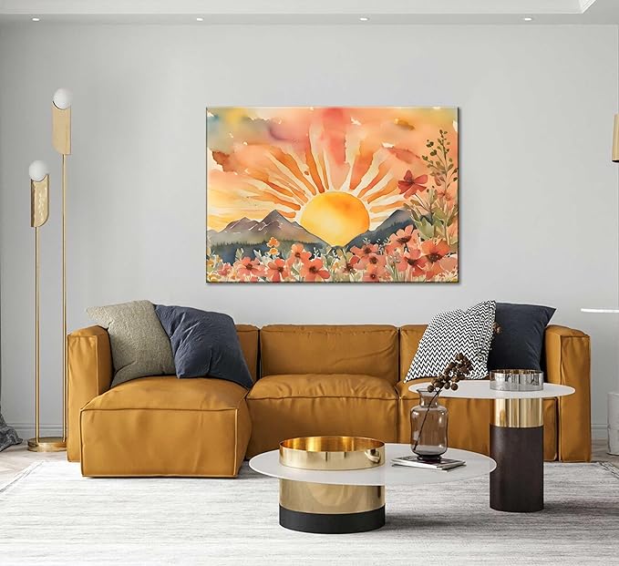 Boho Sun Canvas Wall art Mid-Century Modern Abstract Bohemian Sunset in The Mountains Watercolor Wildflowers Sunrise Landscape Picture Wall Decor Poster Print Artwork for Living Room Bedroom