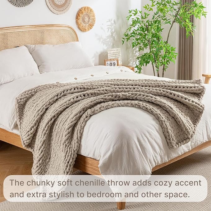 Chunky Knit Blanket Throw, 100% Hand Knit Throw Blanket Handmade Chenille Cable Knit Throw for Couch, Stylish Cozy Soft Rope Knot Crochet Blanket for Home Decor, Beige Linen, 40x50 Inches