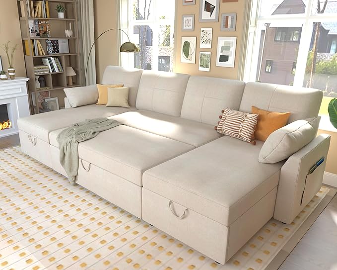 VanAcc Sleeper Sofa, 110 inch Oversize - 2 in 1 Pull Out Bed, Sectional Sleeper Sofa with Double Storage Chaise for Living Room, Beige Chenille Couch
