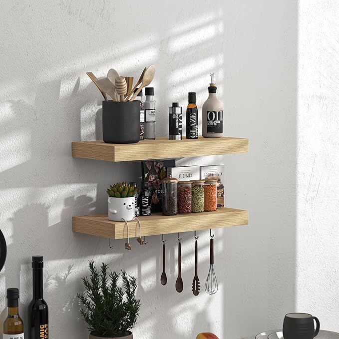 Fun Memories Floating Shelves - 16 Inch Wall Shelf for Decor & Storage - Wall Mounted Display Shelving with Invisible Heavy Duty Metal Bracket 2Pack, Oak