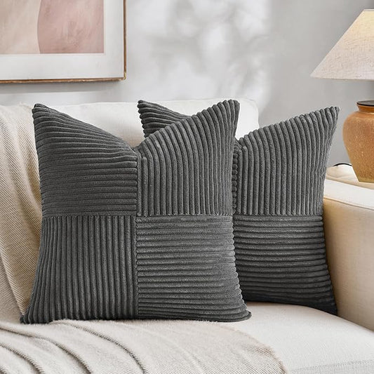 Fancy Homi 2 Packs Dark Gray Decorative Throw Pillow Covers 22x22 Inch for Living Room Couch Bed Sofa, Rustic Farmhouse Boho Home Decor, Soft Corss Corduroy Patchwork Accent Cushion Case 55x55 cm
