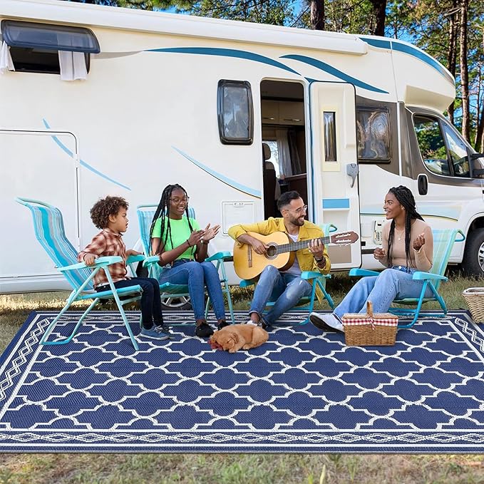 GAOMON Outdoor Rug Waterproof 8'x10', Reversible Outdoor Plastic Straw Rug, Boho Patio Rug, Indoor Outdoor Carpet, RV Mat Outside for Patio, Camp, Picnic, Balcony, Deck, Navy/White(Geometric)