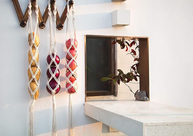 Decocove Hanging Fruit Basket - Boho Basket for Potato, Onion and Fruit Storage - Boho Wall Hanging Decor for Kitchen - Macrame Wall Hanging Basket - Set of 3