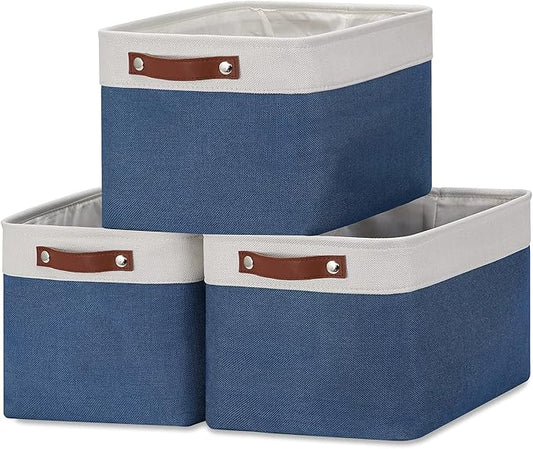 DULLEMELO Fabric Storage Bins, Foldable Storage Baskets for Organizing, Empty Gift Baskets (3-Pack Medium-15 inch X 11 inch X 9.5 inch , White&Blue)