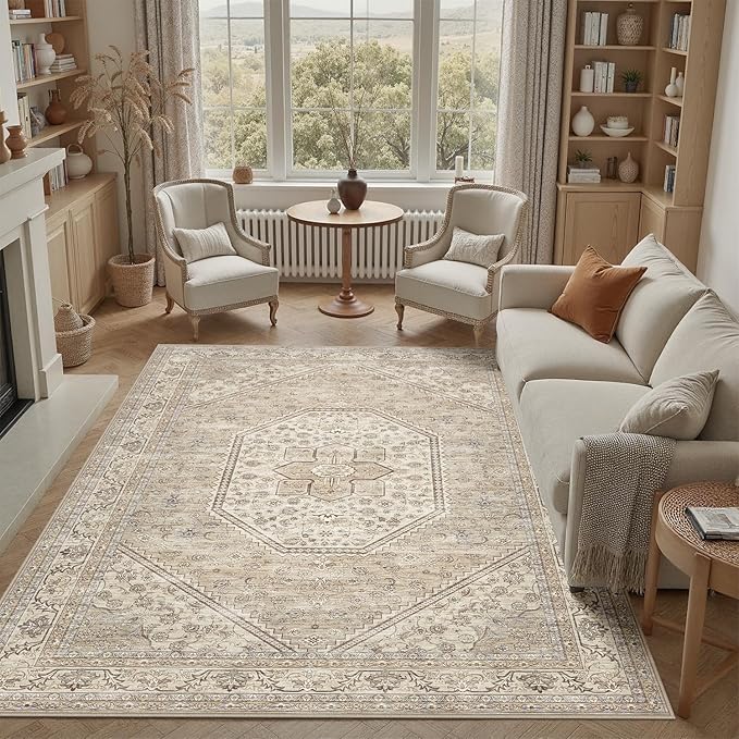 DCX Machine Washable Brown and Beige Area Rug 8x10, Non Slip Stain Resistant Vintage Floral Rug for Living Room Bedroom Nursery, Soft Low Pile Large Carpet