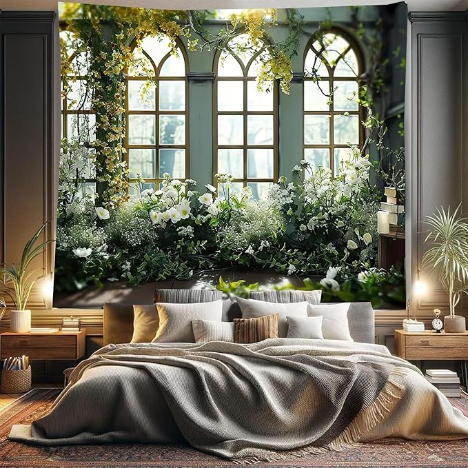 FENDROM Window View White Flower Tapestry Nature Landscape Classic Flower Vine Wall Hanging Party Decorations For Bedroom Living Room Dorm