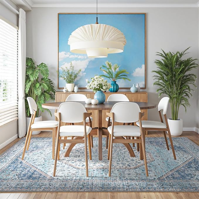 DCX Machine Washable Blue and Beige Area Rugs 5x7, Non Slip Stain Resistant Vintage Floral Rug for Living Room Bedroom Nursery, Soft Low Pile Large Carpet