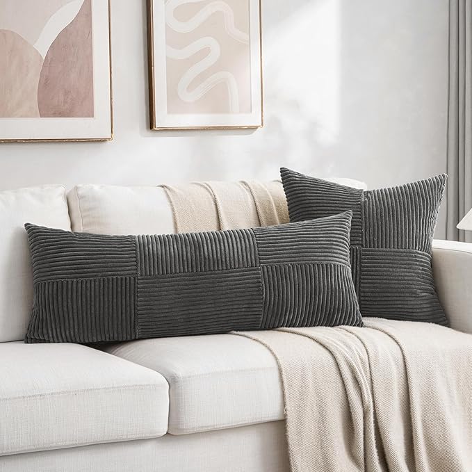 Fancy Homi 2 Packs Dark Gray Decorative Throw Pillow Covers 16x16 Inch for Living Room Couch Bed, Rustic Farmhouse Boho Home Decor, Soft Corss Patchwork Corduroy Textured Square Cushion Case 40x40 cm