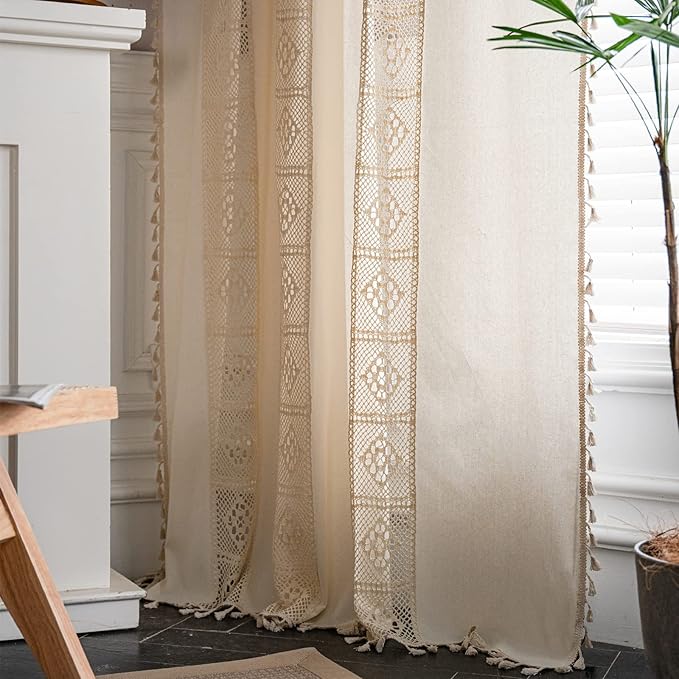 Sutuo Home Boho Curtain Crochet Lace Patchwork Semi-Blackout Bohemian Handmade Tassels, Rod Pocket Window Treatment Vintage Rustic Farmhouse Drapes for Bedroom, 1 Panel 59" W x 96" L, Beige