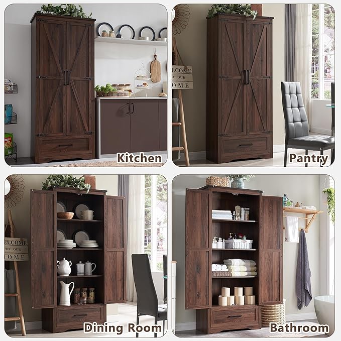 72" Tall Wood Storage Cabinet, Farmhouse Kitchen Pantry Cabinet with Adjustable Shelves & Drawer & Barn Doors, Versatile Storage for Kitchen, Dining Room, Bathroom, Brown