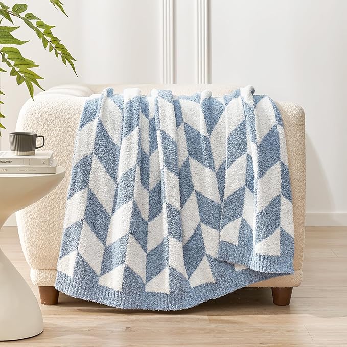 Snuggle Sac Twin Size Blue Blankets for Bed, Super Soft Warm Blankets Oversized Cozy Knit Fuzzy Blanket for Living Room, Chevron Blue,60x80 inches