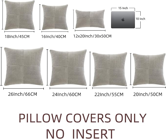 Fancy Homi 2 Packs Neutral Grey Decorative Throw Pillow Covers 18x18 Inch for Living Room Couch Sofa, Rustic Farmhouse Boho Home Decor, Soft Corss Corduroy Patchwork Textured Square Cushion Case 45cm