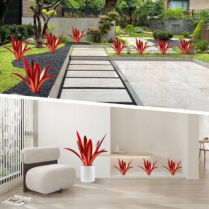 TOMBABY Enlarge Thickened Wind Resistant Metal Agave Garden Art Metal Plant Country Garden Sculpture Statue Outdoor Decoration Agave Metal Plant Courtyard Garden Lawn Ornament Gift (2, 12 Leaves red)