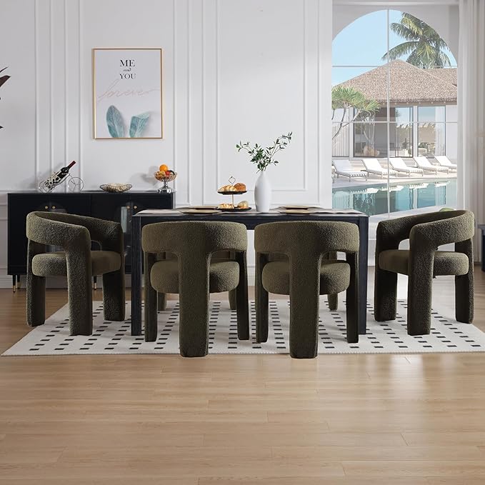 Green Sherpa Dining Chairs Set of 4, Modern Barrel Dining Room Chairs Upholstered Faux Fur Accent Chair with Arms and Round Back for Living Room Kitchen Armchair No Assembly Needed