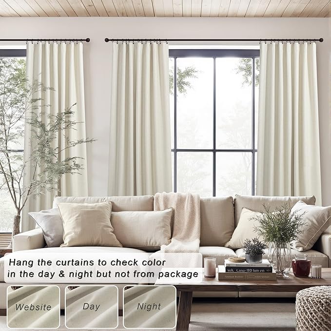 Flax Linen Blackout Living Room Curtain 84 Inch Long 2 Panel Tan Beige Black Out Burlap Farmhouse Insulated Thermal Curtain for Summer Heat Nursery Room Darkening Drapes Bedroom Back Tab 52x84 Length
