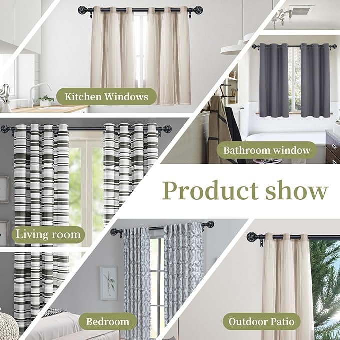 Black Adjustable Curtain Rods for Windows:18-60" Farmhouse Heavy Duty Curtain Rod for Bedroom Living Room,Boho Decorative Rustic Drapery Rods with Vintage Coastal Texture Finial,Matte Black