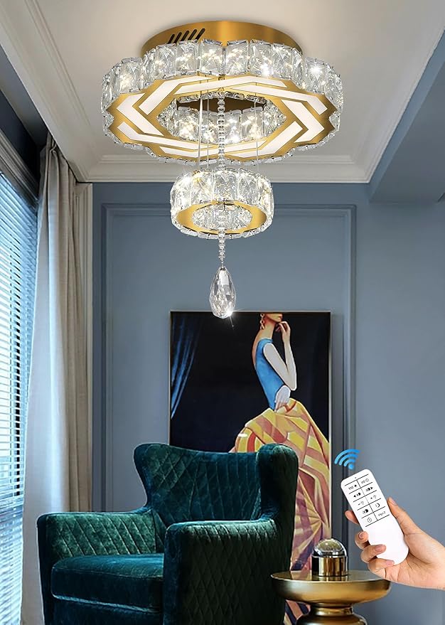 Flashing God Small Crystal Chandeliers Dia 12" Gold Chandelier Flush Mount Ceiling Light for Bedroom Living Room Dining Room Hallway Dimmable 3 Rings LED Celing Lighting Fixtures