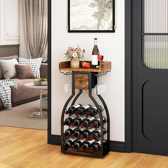 IBUYKE Wine Rack Freestanding Floor,Wine Storage 15 Bottles Bottle Rack with Glass Holders, Mini Bar Wine Cabinet with Storage Drawer for Home Bar Kitchen Dining Room,Rustic Brown,UTMJ908H