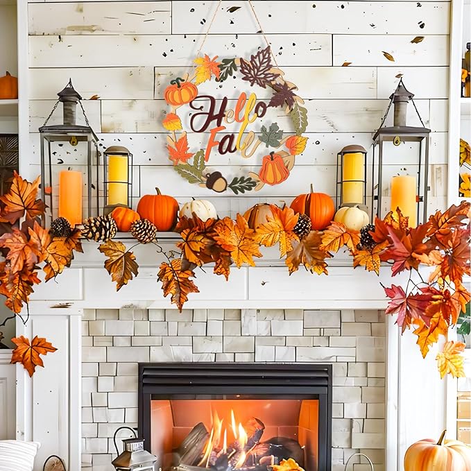 Fall Decoration Hello Fall Wreaths for Front Door, Wooden Welcome Maple Leaf Pumpkin Door Sign Ornament, Wood Farmhouse Wooden Hanging for Autumn Harvest Home Halloween Decoration