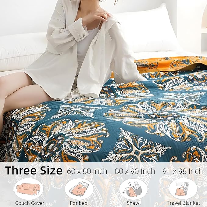 Boho Throw Blanket for Bed - 100% Pure Cotton Ultra Soft Rustic Quilt - Farmhouse Decor Bed Blankets, All Season Rustic Throw for Sofa Couch Chair(60"×80", Boho Floral)