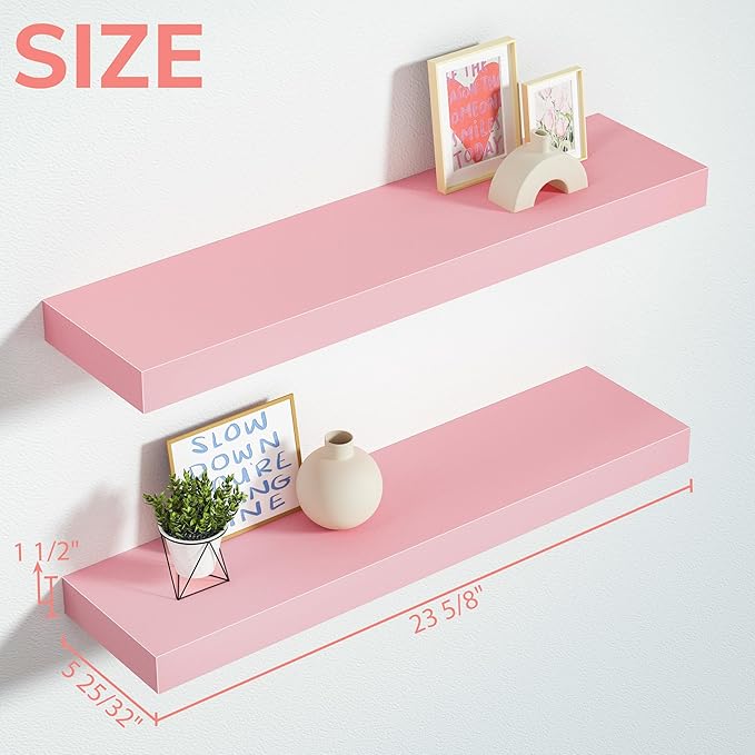 BAMEOS Pink Floating Shelves for Wall, 24" x 6" Wall Shelves for Room, Floating Book Shelves, Hanging Shelves for Bedroom, Bedroom, Living Room, Kitchen (Set of 2)