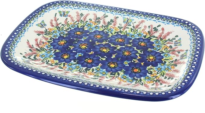 Blue Rose Polish Pottery Garden of Blue Large Rectangular Serving Platter
