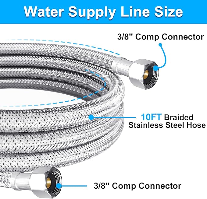 Dishwasher Installation Kit - 10 FT Stainless Steel Braided Dishwasher Hose kit,Food Grade PEX Inner Tube Water Line with Add A Tee,3/8"MIP Elbow,3/8"x3/4"FHT Elbow