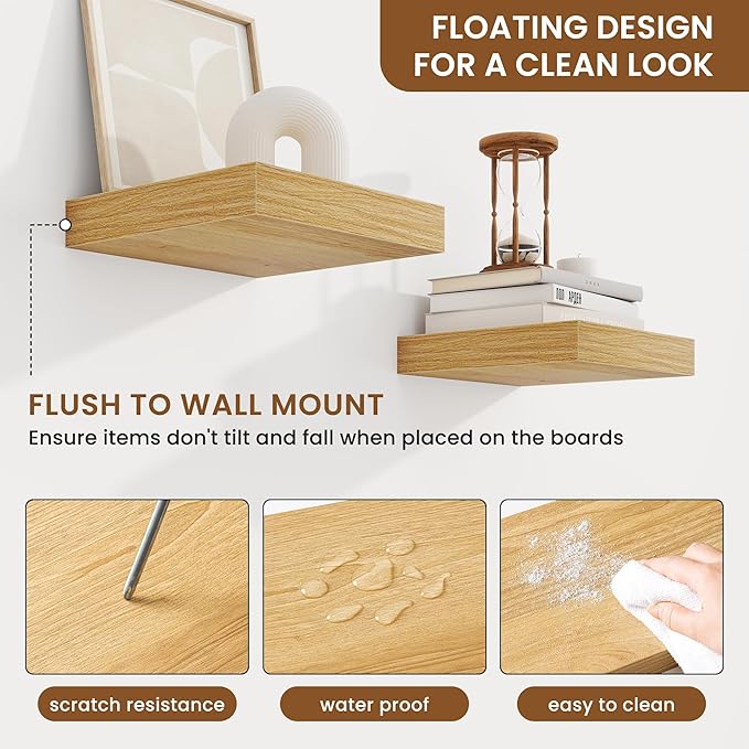 fuqing Floating Shelves for Wall, Bathroom Shelf Wall Mounted for Storage, Shelves with Invisible Bracket for Bedroom, Kitchen, Living Room, Farmhouse Small Book Shelf, 6.5 Inch Set of 3, Oak